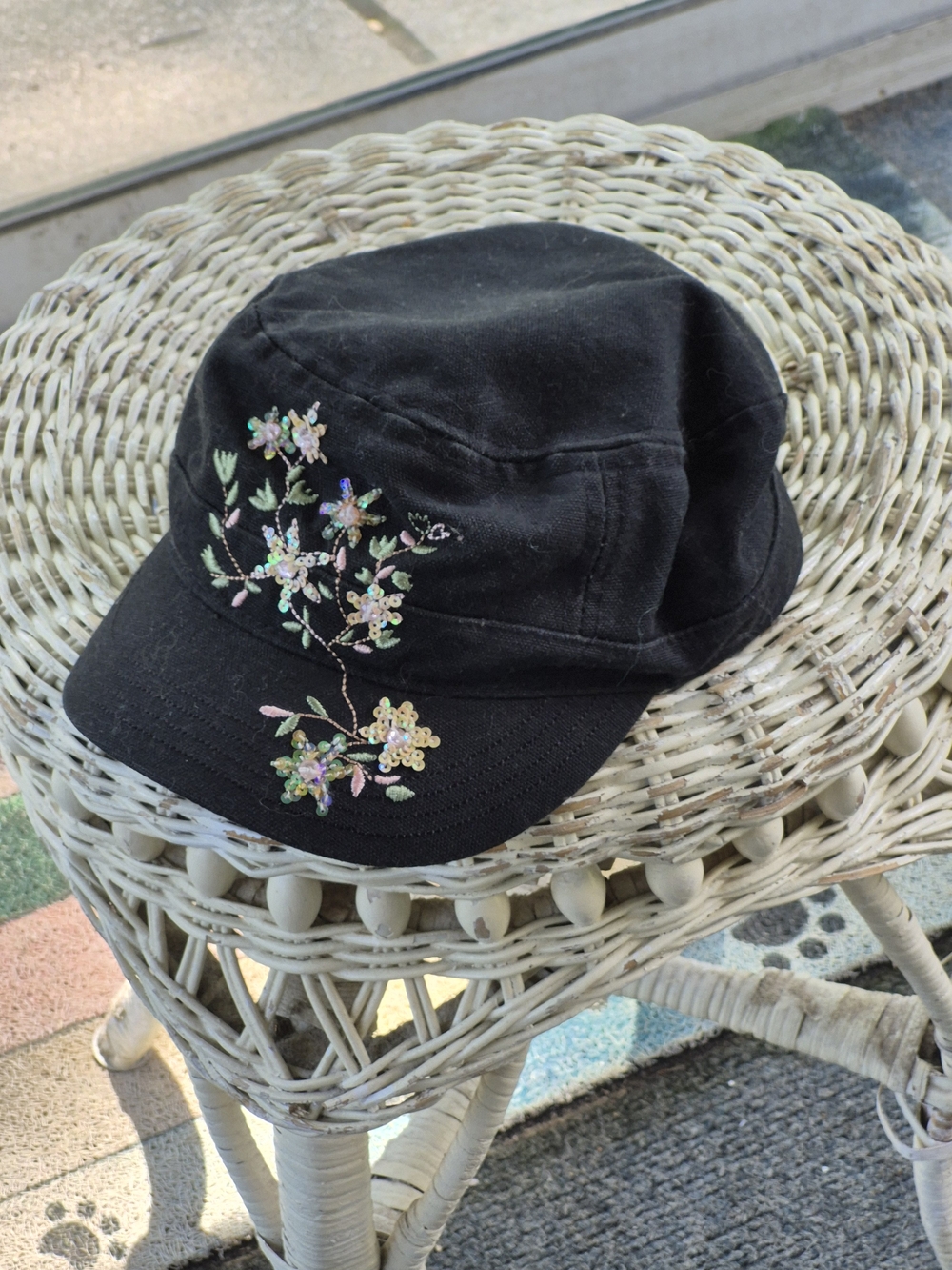 Black Floral Embroidered Cadet Cap - Women's Accessory